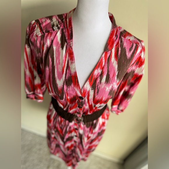 BOSTON PROPER BELTED BUTTON FRONT DRESS, RED/PINK/BROWN/WHITE, US SIZE 10 - Picture 7 of 8